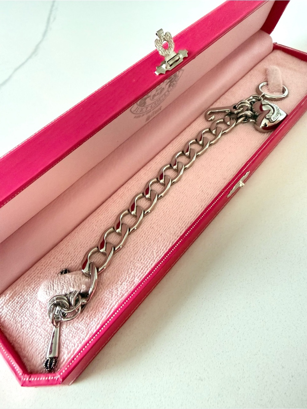 Juicy Couture Silver Link Charm Bracelet with Pink Box. NEW